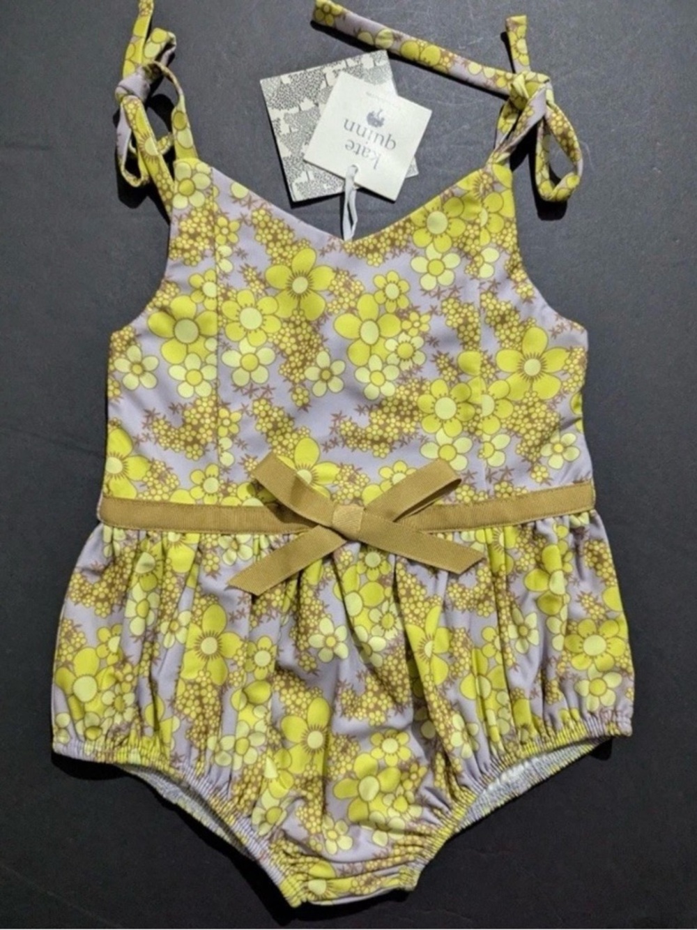 KATE QUiNN-Green granny floral one piece bubble swimsuit-tie straps-toddler 2T